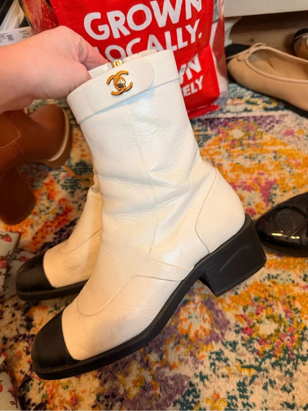 CHANEL White Leather Ankle Boots with Black Cap Toes